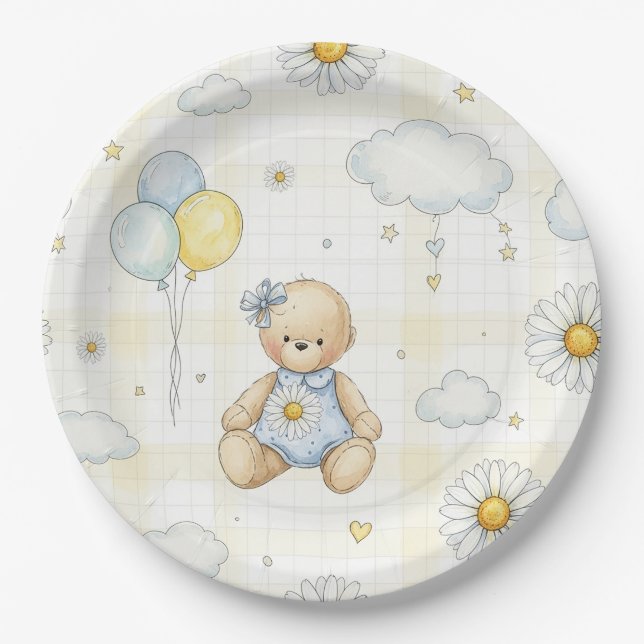 Teddy Bear Daisy Garden Pattern (15) Paper Plate (Front)