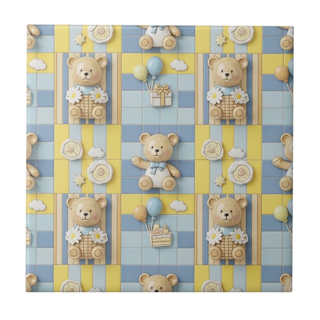 Teddy Bear Daisy Garden Pattern (16) Ceramic Tile (Front)