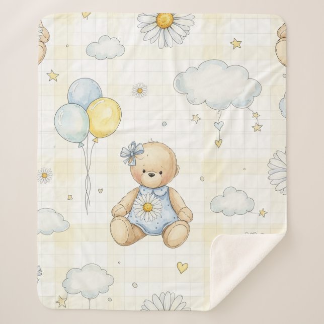 Teddy Bear Daisy Garden Pattern (16) Sherpa Blanket (Front)