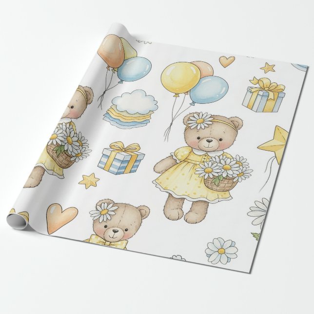 Teddy Bear Daisy Garden Pattern (16) Wrapping Paper (Unrolled)