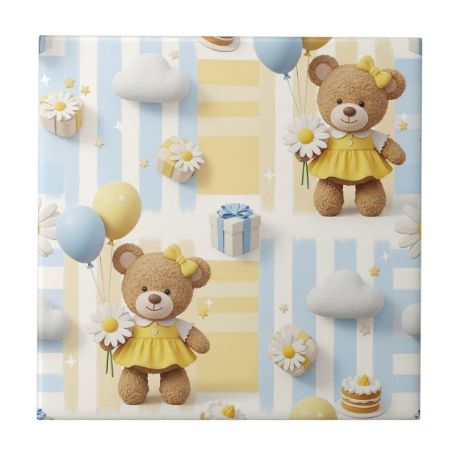 Teddy Bear Daisy Garden Pattern (17) Ceramic Tile (Front)