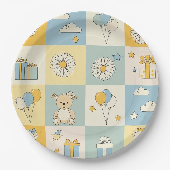 Teddy Bear Daisy Garden Pattern (17) Paper Plate (Front)
