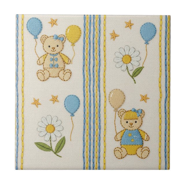 Teddy Bear Daisy Garden Pattern (1) Ceramic Tile (Front)