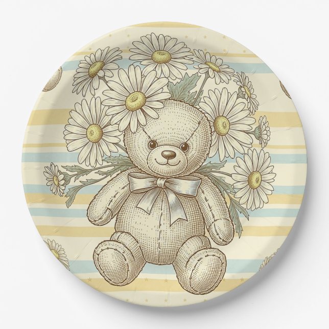 Teddy Bear Daisy Garden Pattern (1) Paper Plate (Front)