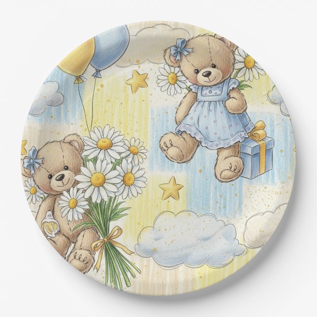 Teddy Bear Daisy Garden Pattern (2) Paper Plate (Front)