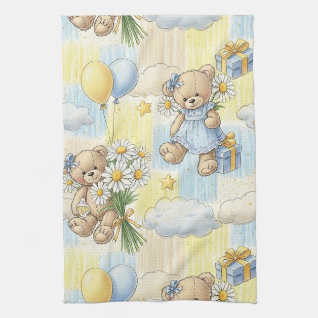 Teddy Bear Daisy Garden Pattern (2) Tea Towel (Vertical)
