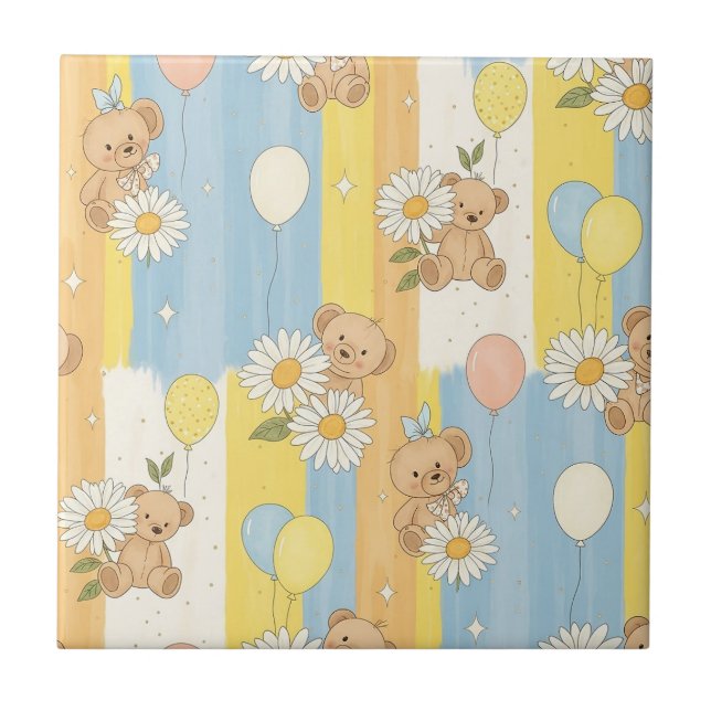 Teddy Bear Daisy Garden Pattern (3) Ceramic Tile (Front)
