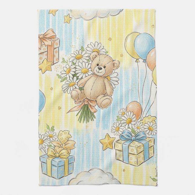 Teddy Bear Daisy Garden Pattern (3) Tea Towel (Vertical)