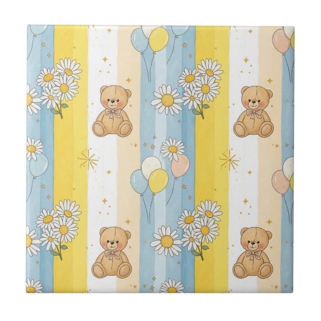 Teddy Bear Daisy Garden Pattern (4) Ceramic Tile (Front)