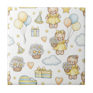 Teddy Bear Daisy Garden Pattern (5) Ceramic Tile