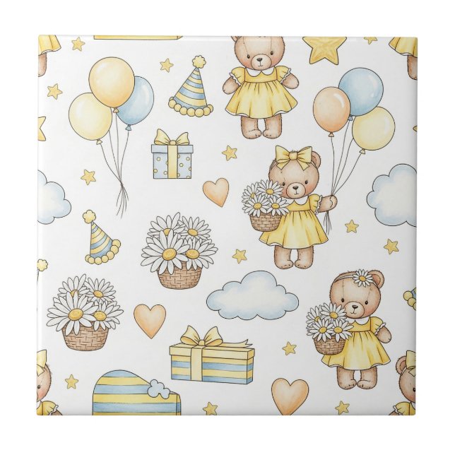 Teddy Bear Daisy Garden Pattern (5) Ceramic Tile (Front)