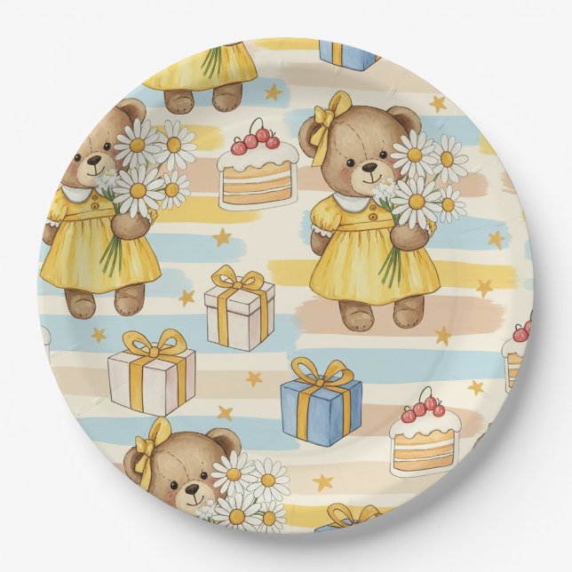 Teddy Bear Daisy Garden Pattern (5) Paper Plate (Front)