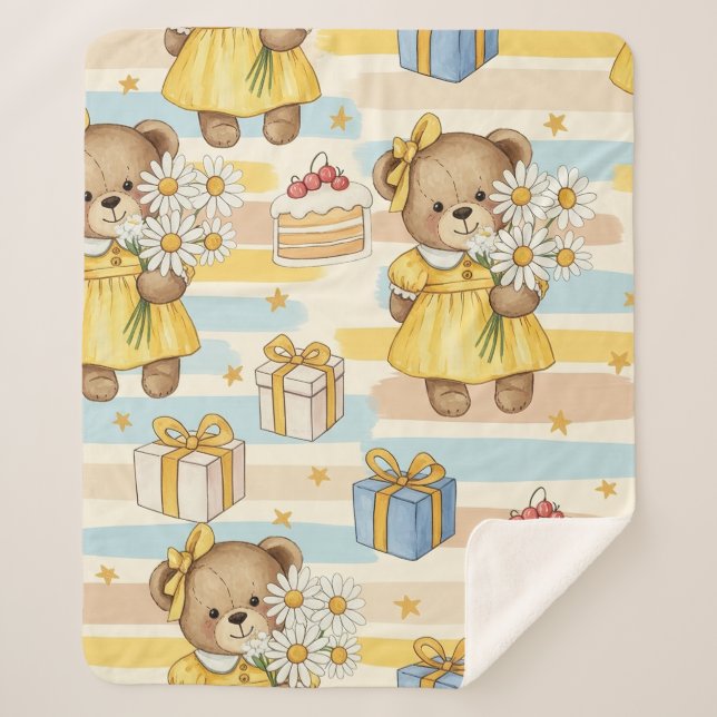 Teddy Bear Daisy Garden Pattern (5) Sherpa Blanket (Front)