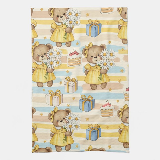 Teddy Bear Daisy Garden Pattern (5) Tea Towel (Vertical)