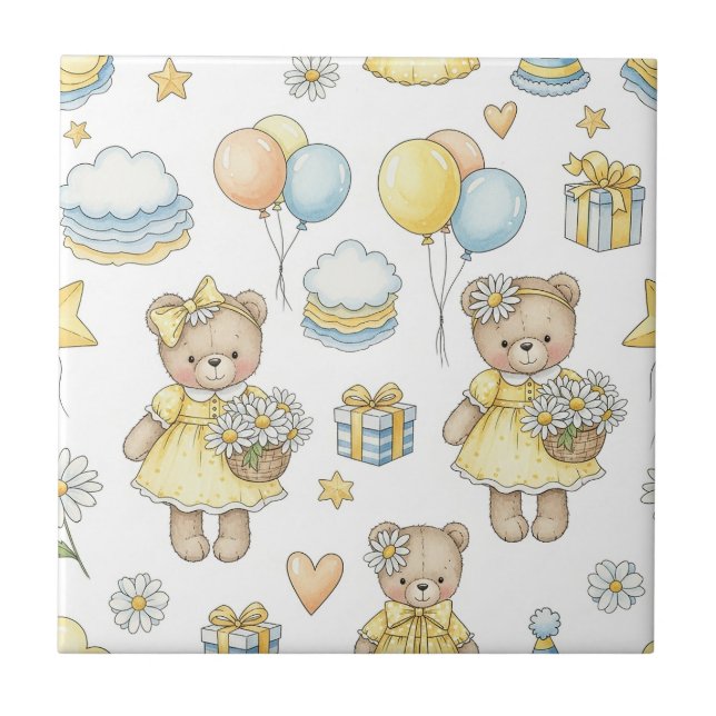 Teddy Bear Daisy Garden Pattern (7) Ceramic Tile (Front)