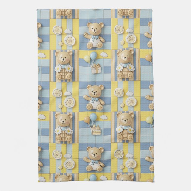 Teddy Bear Daisy Garden Pattern (7) Tea Towel (Vertical)