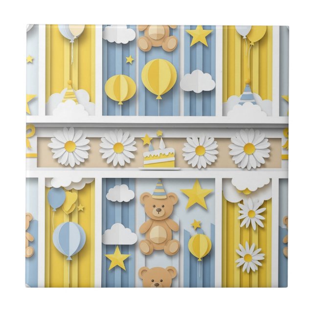 Teddy Bear Daisy Garden Pattern (9) Ceramic Tile (Front)