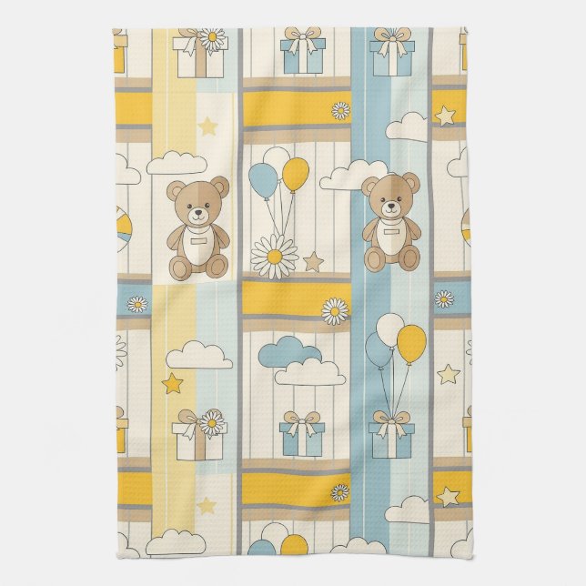 Teddy Bear Daisy Garden Pattern (9) Tea Towel (Vertical)
