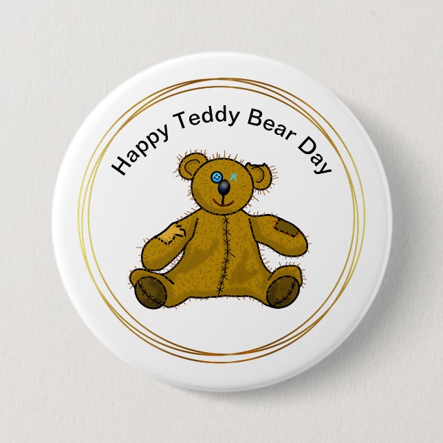 Teddy Bear Day Button with Patched, Loved Bear (Front)