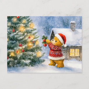 Teddy Bear Decorating a Christmas Tree in snowing  Postcard