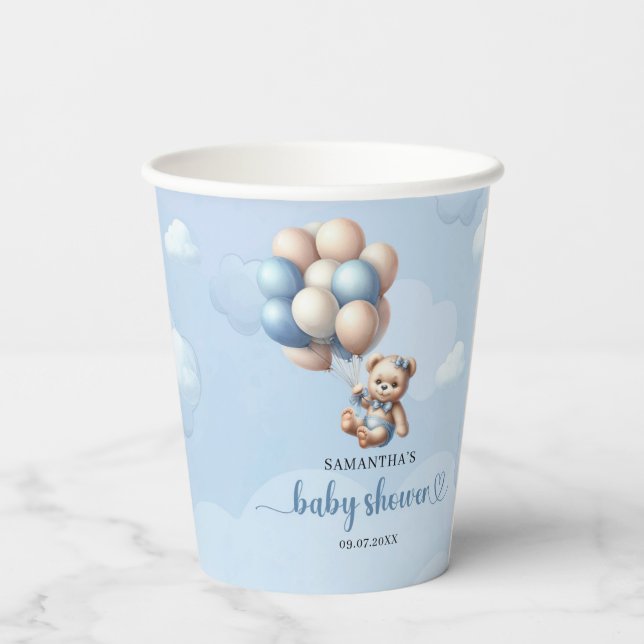 Teddy bear descending from the blue sky balloons paper cups (Back)