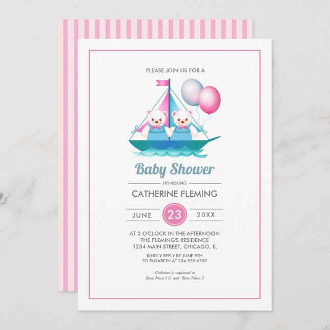 Teddy Bear design Twin Girls Baby Shower  Invitation (Front/Back)