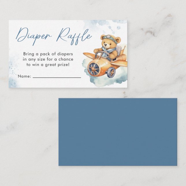 Teddy Bear Diaper Raffle Boy Baby Shower Enclosure Card (Front/Back)