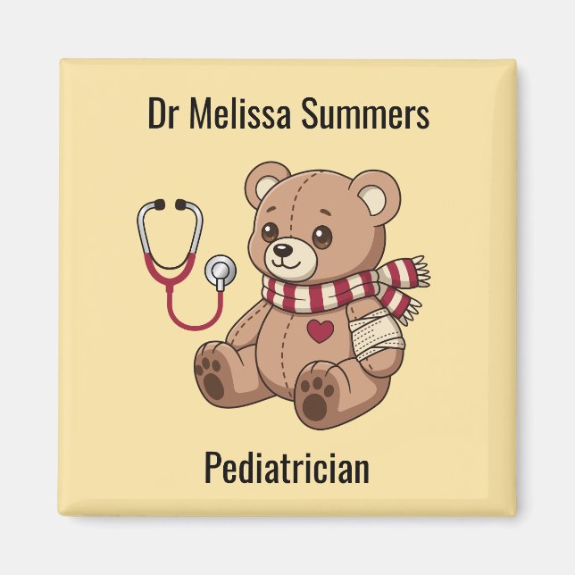 Teddy Bear Doctor Paediatrician Custom Text Yellow Magnet (Front)