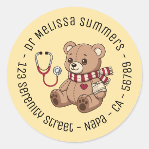 Teddy Bear Doctor Round Text Yellow Classic Round Sticker