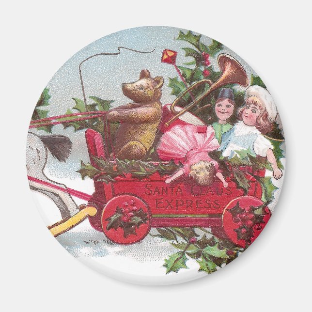 Teddy Bear, Dolls and Wagon Vintage Christmas Magnet (Front)