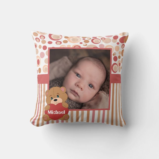 Teddy bear dots and stripes kids photo frame cushion (Front)