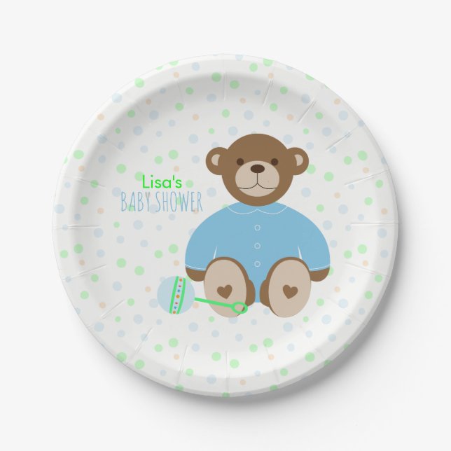 Teddy Bear Dressed in Blue Baby Shower Paper Plate (Front)