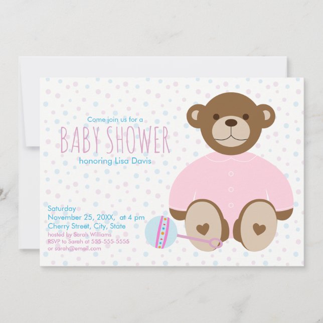 Teddy Bear Dressed in Pink Baby Shower Invitation (Front)