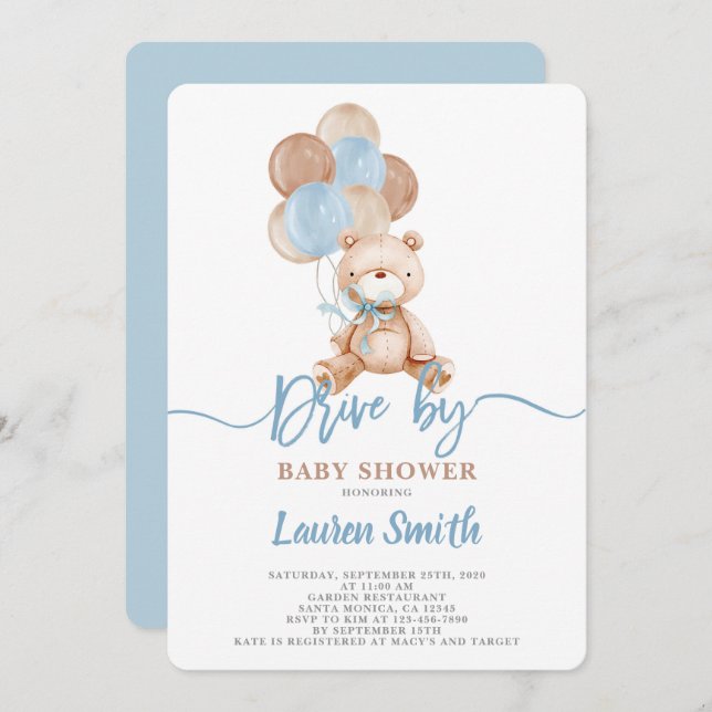 Teddy Bear Drive by Baby Shower Boy Invitation (Front/Back)