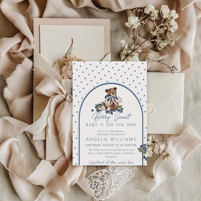 Teddy Bear Dusty Blue Berry Sweet Baby Shower Invitation (Creator Uploaded)