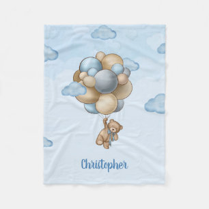 Teddy bear dusty blue brown ivory balloons  fleece blanket