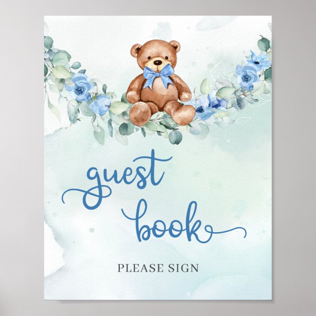 Teddy bear dusty blue floral eucalyptus guest book (Front)