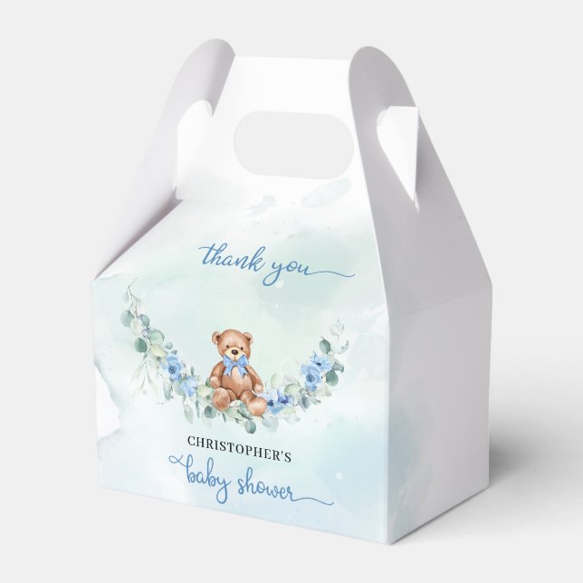 Teddy bear dusty blue floral eucalyptus wreath favour box (Front Side)