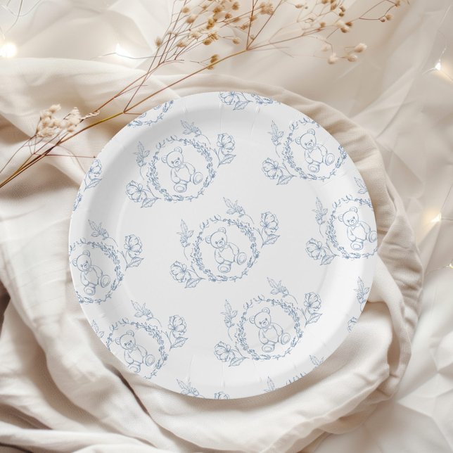 Teddy bear Elegant Chinoiserie Toile Baby shower Paper Plate (Creator Uploaded)
