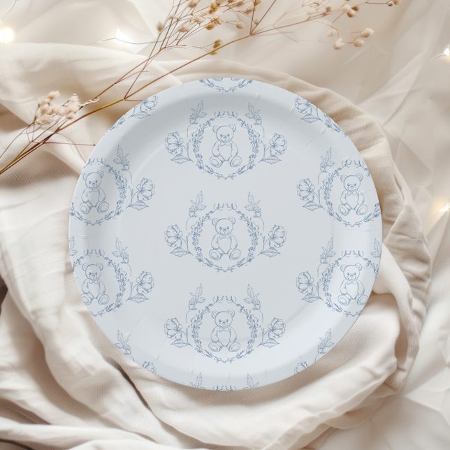 Teddy bear Elegant Chinoiserie Toile Baby shower Paper Plate (Creator Uploaded)