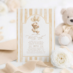 Teddy Bear Elegant Light Brown Stripes Baby Shower Invitation