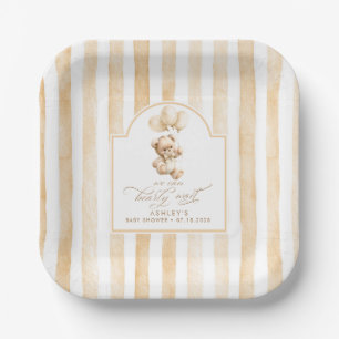 Teddy Bear Elegant Light Brown Stripes Baby Shower Paper Plate
