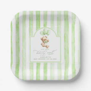 Teddy Bear Elegant Light Green Stripes Baby Shower Paper Plate