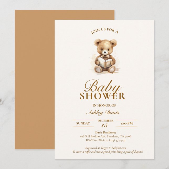 Teddy Bear Elegant Neutral Baby Shower Invitation (Front/Back)