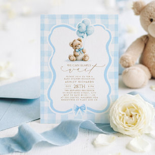 Teddy Bear Elegant Pastel Blue Gingham Baby Shower Invitation