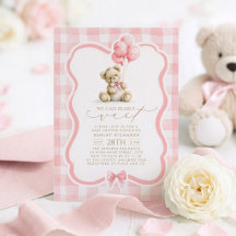 Teddy Bear Elegant Pastel Pink Gingham Baby Shower