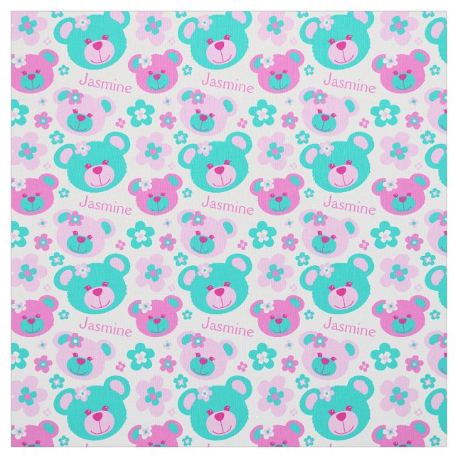 Teddy bear faces pink aqua white pattern fabric (Swatch)