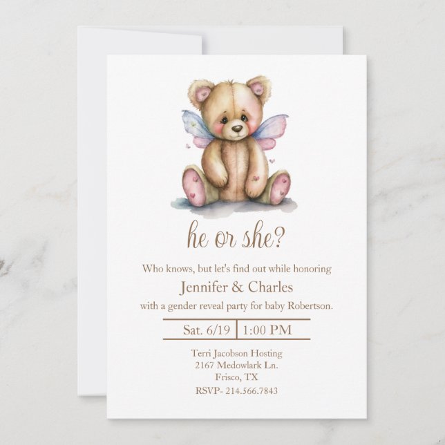 Teddy Bear Fairy Gender Reveal Party Invitation (Front)