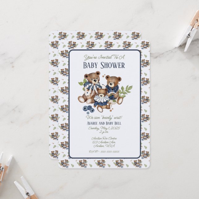 Teddy Bear Family Baby Boy Shower Invitation (Front/Back In Situ)