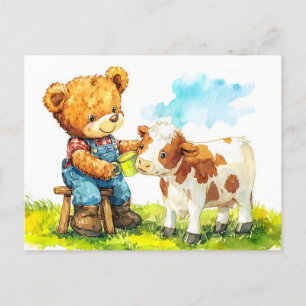 Teddy Bear Feeding a Calf Postcard